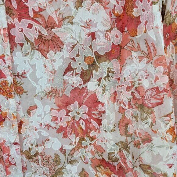 Womens Button Up Blouse S Pink Floral Sheer 3/4 Sleeve Collared Top Country - Picture 5 of 13